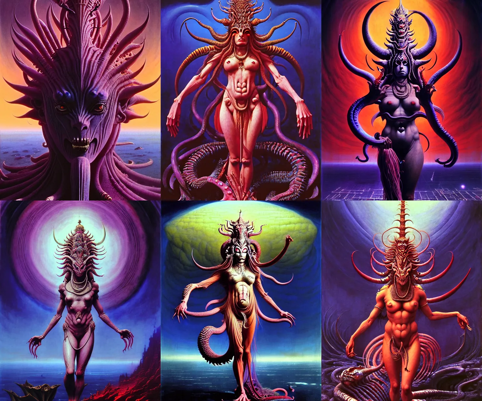 Prompt: A cinematic full-length portrait of the colossal Hindu demon princess, by Wayne Barlowe, by Sandro Botticelli, by Paul Lehr, by Bruce Pennington, by HR Giger, oil on canvas, masterpiece, trending on artstation, featured on pixiv, cinematic composition, dramatic pose, beautiful lighting, sharp, details, details, hyper-detailed, no frames, cyan and green, 8K