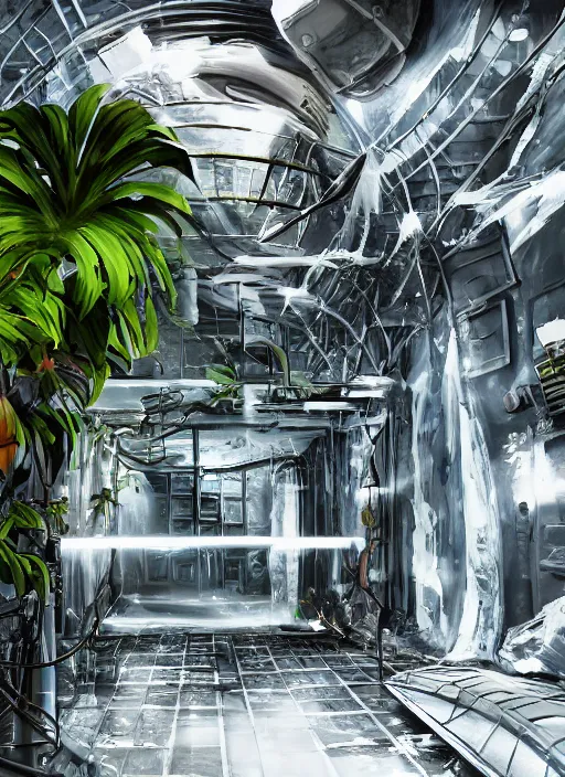 Image similar to secret Military lab, tropic plants growing inside cryo chambers connected with cable, photo realistic, realistic, cinematic, establishing shot, extremly high detail, cinematic lighting, concept art, matte painting, denoise