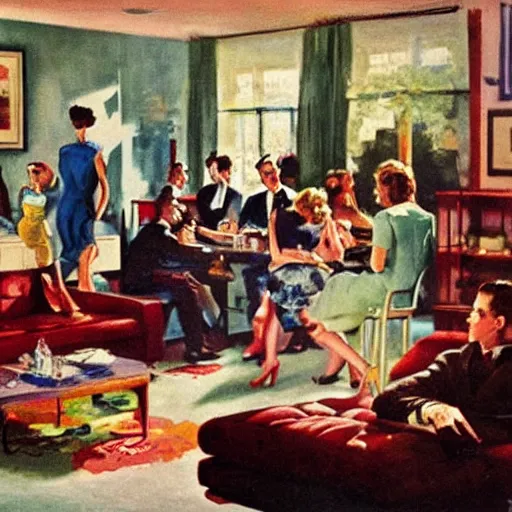 Image similar to dynamic scene of people partying in sunshine living room 1950s, by tom lovell and frank schoonover and dean cornwell