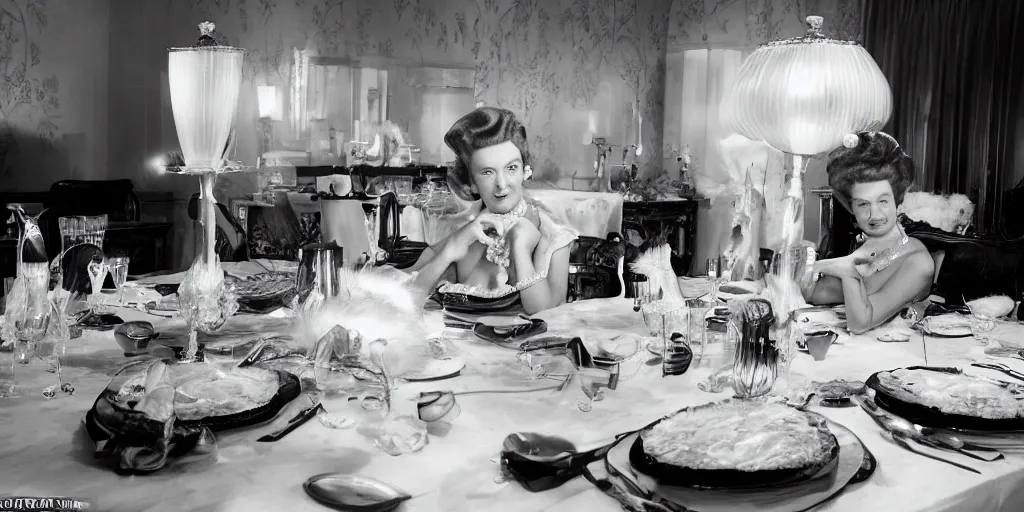 Prompt: detailed sharp photograph in the style of popular science circa 1 9 5 5 and gregory crewdson of a 1 9 5 0 s close up of an elderly woman wearing a mink stole and pearls with a white bouffant hairdo sitting at a banquet table looking into a 1 5 0 mm lens
