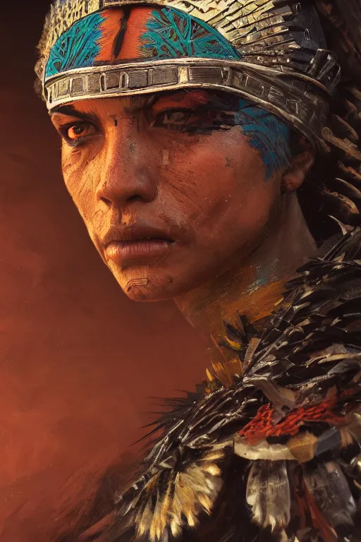 Image similar to aztec warrior, close - up portrait, fierce, intricate, elegant, volumetric lighting, scenery, digital painting, highly detailed, artstation, sharp focus, illustration, concept art, ruan jia, steve mccurry