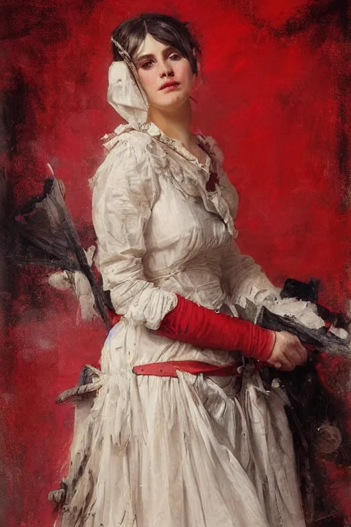 Image similar to Solomon Joseph Solomon and Richard Schmid and Jeremy Lipking victorian genre painting full length portrait painting of a young beautiful woman traditional german french pirate wench in fantasy costume, red background