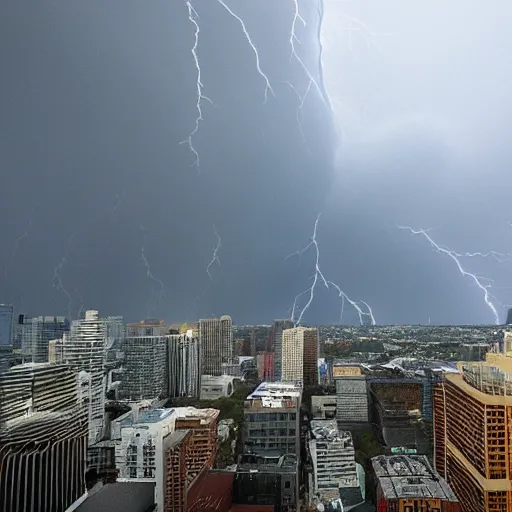 Image similar to an enormous creature towering over a city during a thunderstorm, 8 k, rtx on,