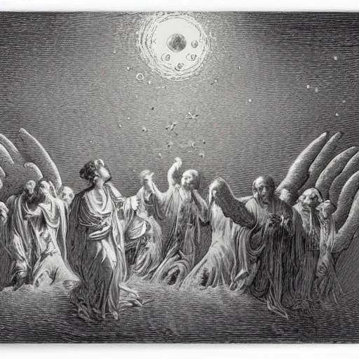Prompt: an angel leading the souls of the elderly to heaven the style of gustave dore, moon and stars, city