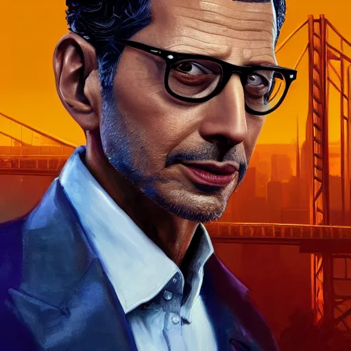 Image similar to Portrait of a Jeff Goldblum in a grand theft auto 5 loading screen , art by Albert Bierstadt and James Gurney, highly detailed, digital painting, matte painting, concept art, illustration, oppressive lighting, trending on artstation, very detailed