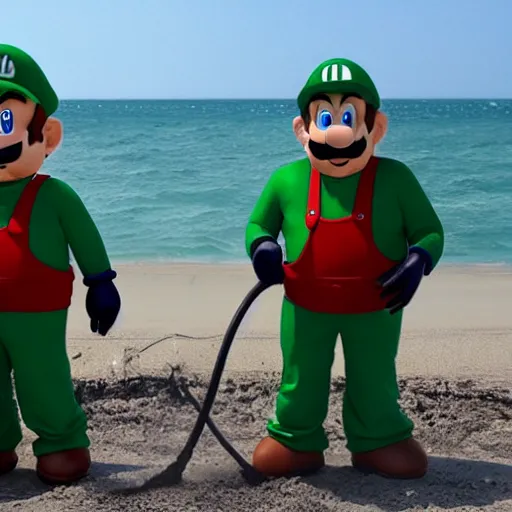 Prompt: Mario and Luigi, cleaning up the gulf oil spill with the help of The mexican military