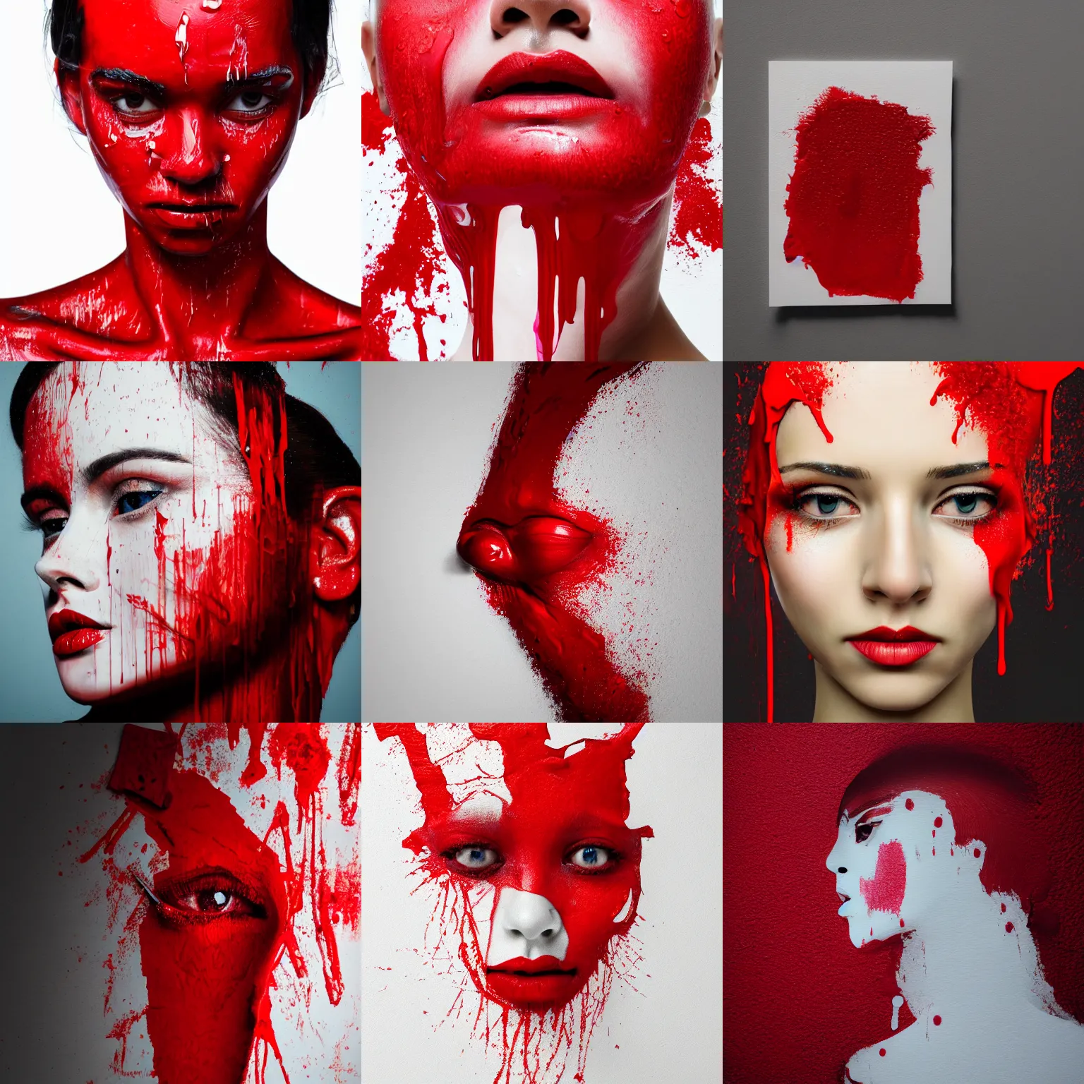 Prompt: Dripping red paint across the shape of a female human, realistic , high detail, on a white background