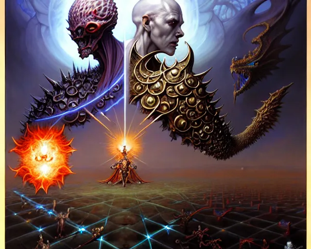 Image similar to the battle between the armies of good and evil, fantasy character portrait made of fractals facing each other, ultra realistic, wide angle, intricate details, the fifth element artifacts, highly detailed by peter mohrbacher, hajime sorayama, wayne barlowe, boris vallejo, aaron horkey, gaston bussiere, craig mullins