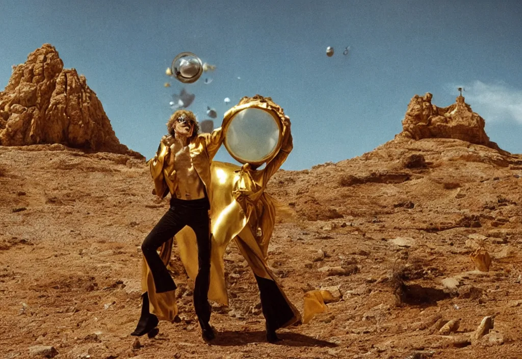 Prompt: mick jagger dressed in golden costume with jewels in a dry rocky desert landscape, with alien complex city beneath the sand and giant alien spaceship in the sky attacks the earth by christopher doyle and alejandro jodorowsky, anamorphic lens, kodakchrome, cinematic composition, masterpiece, 8 k