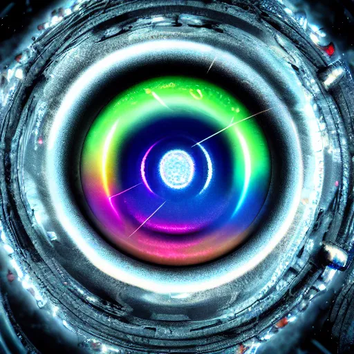 Image similar to still of rainbow orphanim encircled by rings, giant eyeball, mythological, 8 k, octane render, 3 5 mm, amazing details, beautiful composition