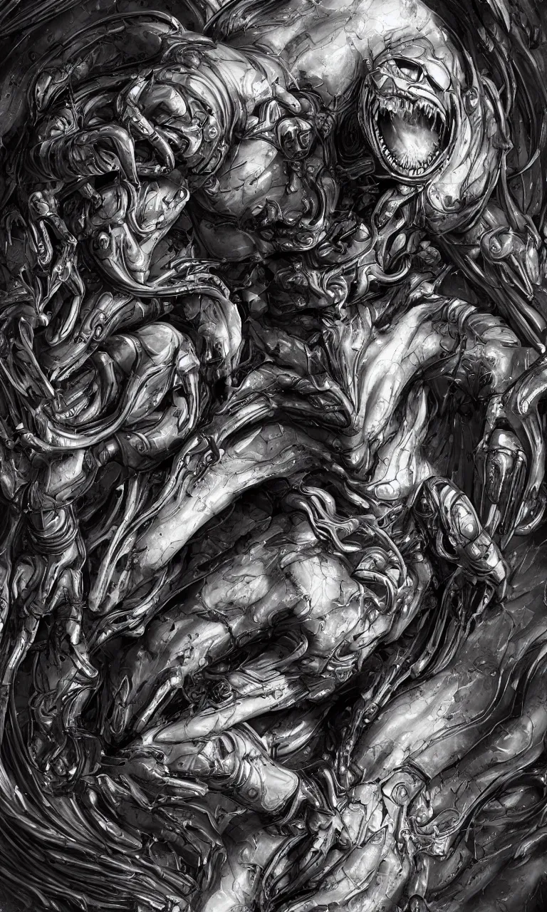 Image similar to engineer prometheus face by Artgerm, xenomorph alien, highly detailed, symmetrical long head, smooth marble surfaces, detailed ink illustration, raiden metal gear, cinematic smooth stone, deep aesthetic, concept art, post process, 4k, carved marble texture and silk cloth, latex skin, highly ornate intricate details, prometheus, evil, moody lighting, hr geiger, hayao miyazaki, indsutrial Steampunk