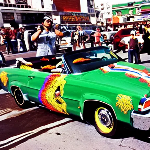 Image similar to wide angle panoramic photo of an indigenous cholo shaman dressed with a quetzalcoatl feathered serpent driving a convertible lowrider car in brooklyn in 1 9 7 0