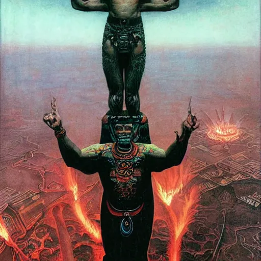 Prompt: giant mayan joe biden with flaming eyes standing over city, perfectly clear face, by j. c. leyendecker and beksinski