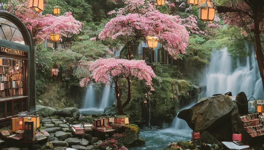 Image similar to a Wes Anderson 35mm film still of a very surreal magical bookstore with a beautiful waterfall inside, apothecary, botanical garden, falling cherry blossoms pedals, in the style of Gucci, glowing lights and floating lanterns, foggy atmosphere, rainy, moody, muted colors, magic details, very detailed, 8k, cinematic look, octane render, psychedelic,