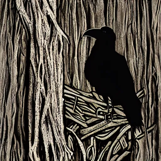 Prompt: a raven by the blair witch project | horror themed | creepy