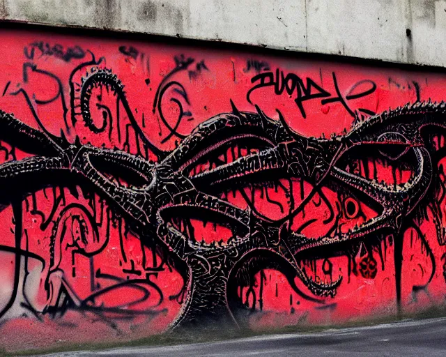 Prompt: 16k photorealistic image of a wall that has some lovecraftian graffiti on it inspired by wretched dragon rib cage. lovecraftian graffiti in red and black colors. the art is cursed and ecrusted with jewels.