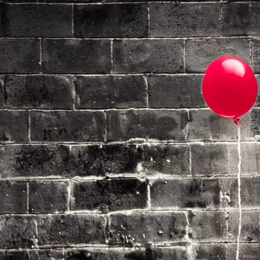 Image similar to down in the sewers of london, dark damp atmosphere, water dripping from the moss covered ceiling, a red balloon with a string attached is floating above the water