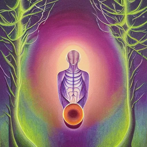 Prompt: painting of a tranquil alien looking up at sky in dense foggy forest by Alex Grey, acrylic art, ethereal, soothing, somber, elegant, warm light, cozy, glows,