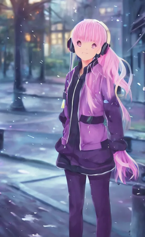 Image similar to anime girl with pink ponytail, wearing purple headphones, wearing a green sweater, with a smile on her face and her eyes closed, walking down a street, dynamic lighting, photorealistic fantasy concept art, trending on art station, very detailed, anime concept art, stunning visuals, creative, cinematic, ultra detailed