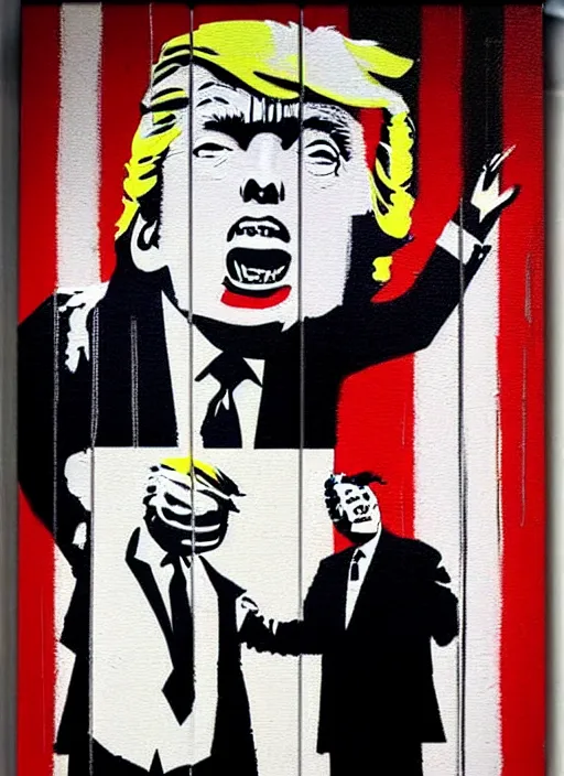 Image similar to banksy donald trump the wolf of wall street art on canvas