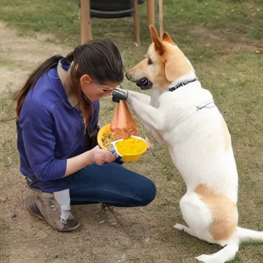 Prompt: dog feeding his pet human?