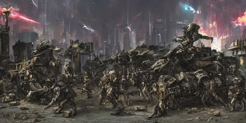 Image similar to the armoured lions war occurred in a cyberpunk city in 2 1 9 5