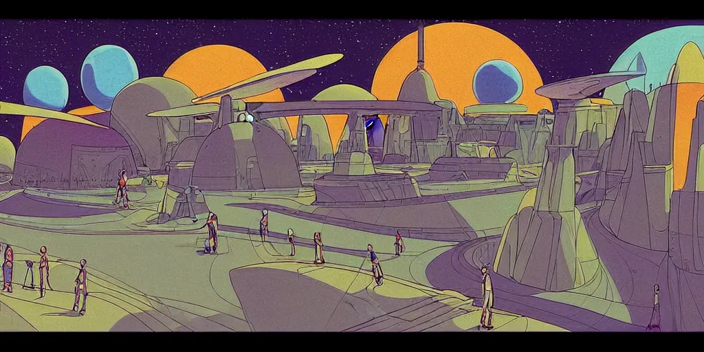 Prompt: traditional drawn colorful animation a solo skateboarder down to valley symmetrical architecture on the ground, space station planet afar, planet surface, ground, rocket launcher, outer worlds extraterrestrial hyper contrast well drawn Metal Hurlant Pilote and Pif in Jean Henri Gaston Giraud animation film The Masters of Time FANTASTIC PLANET La planète sauvage animation by René Laloux