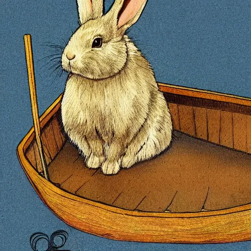 Prompt: a rabbit sitting in a small rowboat, in the style of john bauer