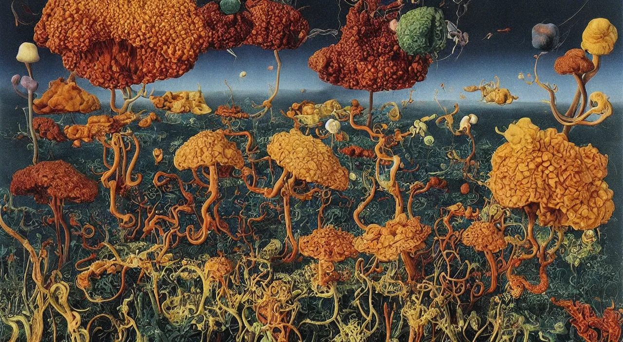 Image similar to a single colorful! ( lovecraftian ) fungus white! clear empty sky, a high contrast!! ultradetailed photorealistic painting by jan van eyck, audubon, rene magritte, agnes pelton, max ernst, walton ford, andreas achenbach, ernst haeckel, hard lighting, masterpiece