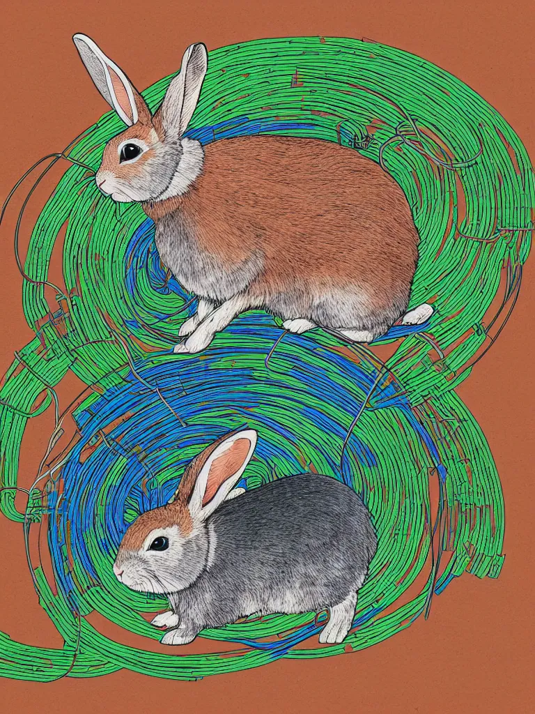 Prompt: screen print of a rabbit using laptop in nature, with wires