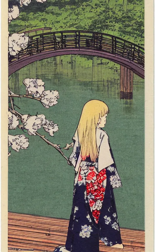 Image similar to by akio watanabe, manga art, a blond girl is looking at wooden lake bridge and iris flowers, visible face, trading card front, kimono, realistic anatomy