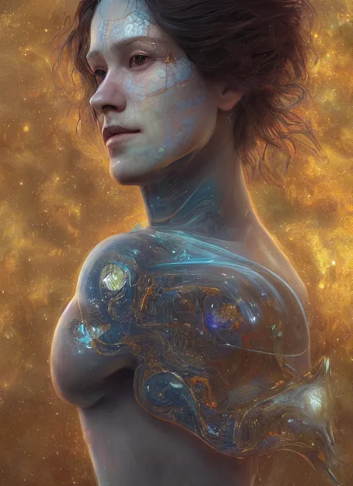 Image similar to fantasy portrait of world as human sad on space, au naturel, hyper detailed, digital art, trending in artstation, cinematic lighting, studio quality, smooth render, unreal engine 5 rendered, octane rendered, art style by klimt and nixeu and ian sprigger and wlop and krenz cushart.