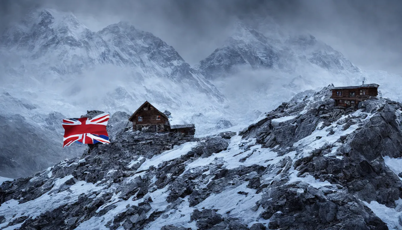 Prompt: a mountain hut on top of Mount Everest with an English flag, covered in snow, raging blizzard, grey clouds, stunning photo, cinematic lighting, perfect, 8K, ultra-detailed , Trending on artstation, Octane render, Unreal Engine, highly detailed,