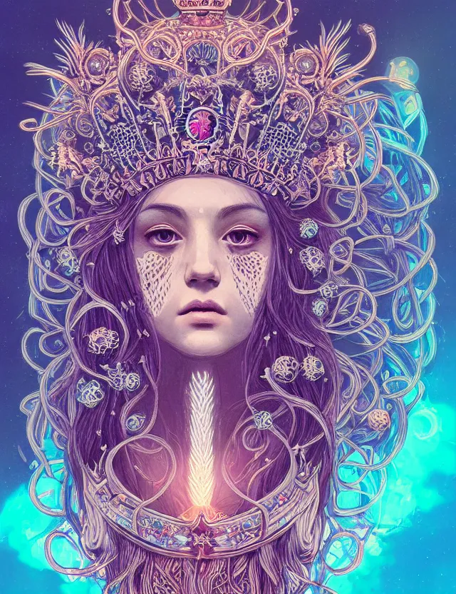 Image similar to symmetrical, centered, goddess close-up portrait wigh crown made of skulls. phoenix betta fish, phoenix, bioluminiscent creature, super intricate ornaments artwork by Tooth Wu and wlop and alena aenami and greg rutkowski