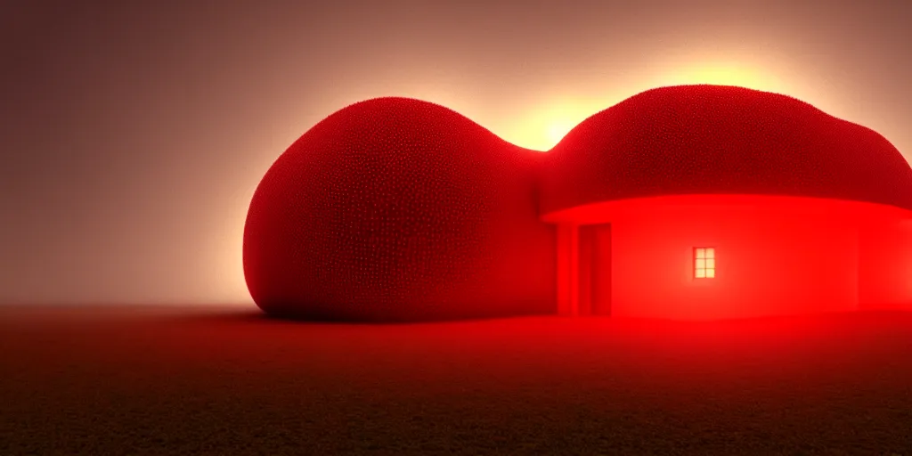 Prompt: epic professional digital art of a blob shaped trypophobia house with a mysterious red glow emitting from inside, stunning, gorgeous, golden ratio, photorealistic, featured on artstation, 4k resolution