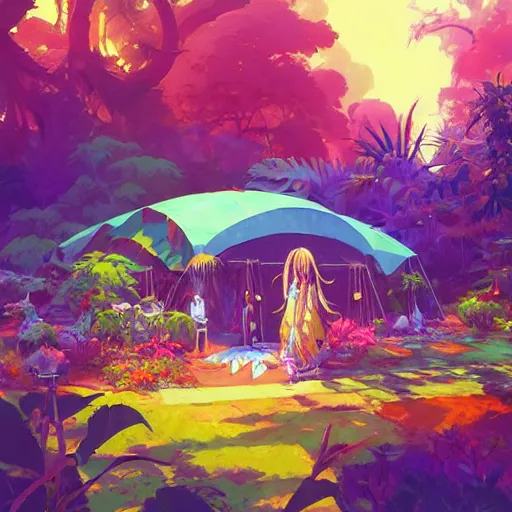 Image similar to hippie bohemian encampment with tie - dye tents and a garden. cyberpunk art by jesper ejsing, by rhads and makoto shinkai and lois van baarle and ilya kuvshinov and rossdraws, cgsociety, panfuturism, nature utopia, bold colors, expressive brushstrokes. anime aesthetic