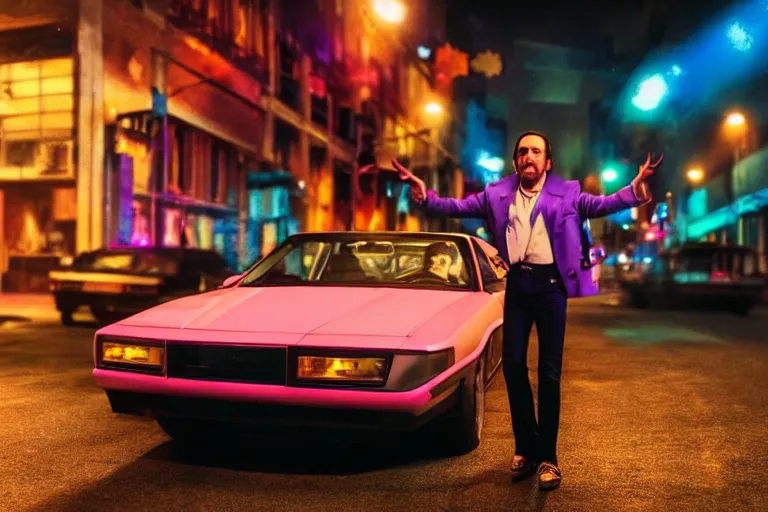 Image similar to 80s dressed Nicolas Cage posing and in the background there two 80s sports cars parked on a deserted city street at night time, purple lighted street, wide angle, cinematic, retro-wave vibes, grainy, soft motion blur