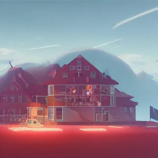 Image similar to yachting club by simon stalenhag