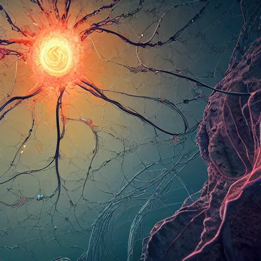 Image similar to internal lymphocyte virion rawandrendered synaptic physarum fractality transmission embryonic beholder glial neurons cyberpunk nerve cells microscopic tidepool mandelbulb plankton by wojtekfus facey rossdraws. neuronal c 4 d neuroscience wallpaper abstraction neurone synapse by beksinski. # imaginativerealism