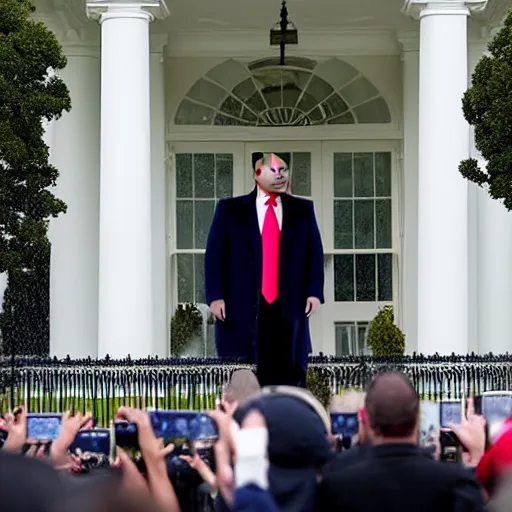 Prompt: extremely damp, wet, sweaty president donald trump, very fat, photograph on the white house lawn