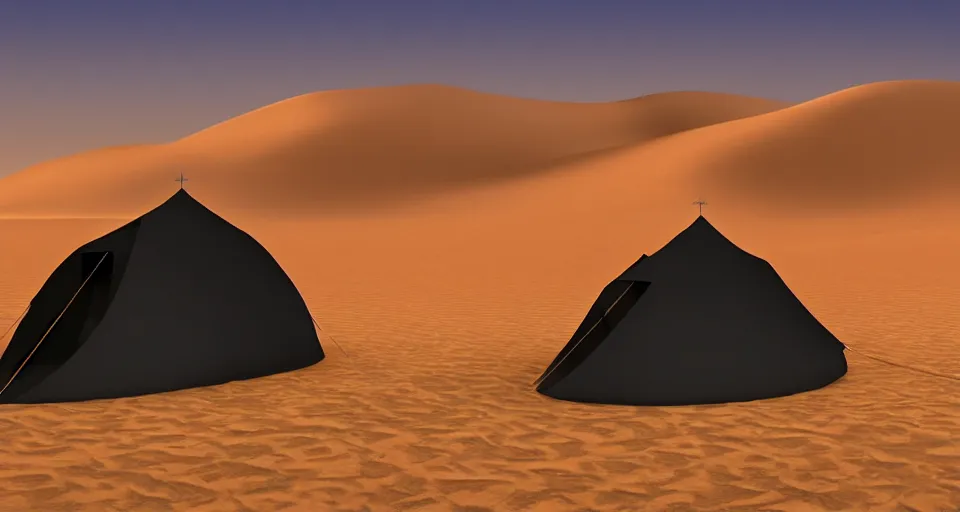 Image similar to hyper realistic matte painting of a small tent in the desert with dunes at midnight, very dark black color scheme, artstation