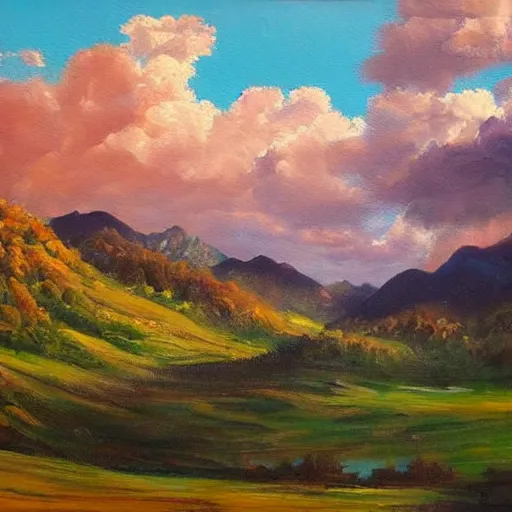 Image similar to a beutiful oil painting of a landscape, dramatic lighting, clouds in the sky, mountains