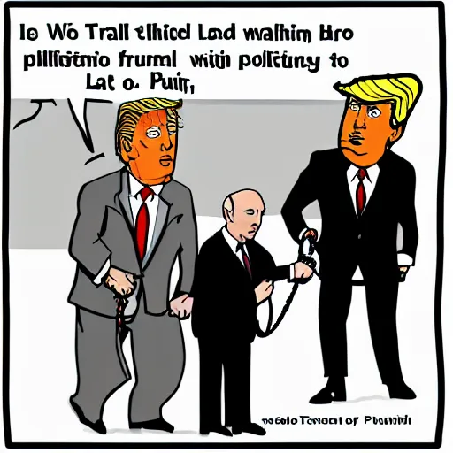 Prompt: Trump being taken for a walk on a leash held by Putin, political satire cartoon