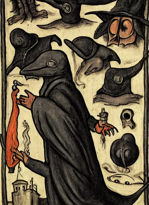 Prompt: plague doctor in the style of Hieronymus Bosch