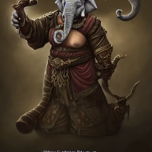 Image similar to Warlock with elephant traits. Character portrait, face close-up, of an anthro elephant warlock in the style of Bastien Lecouffe-Deharme. Tusks, long trunk holding a wand, looks like Ganesh.