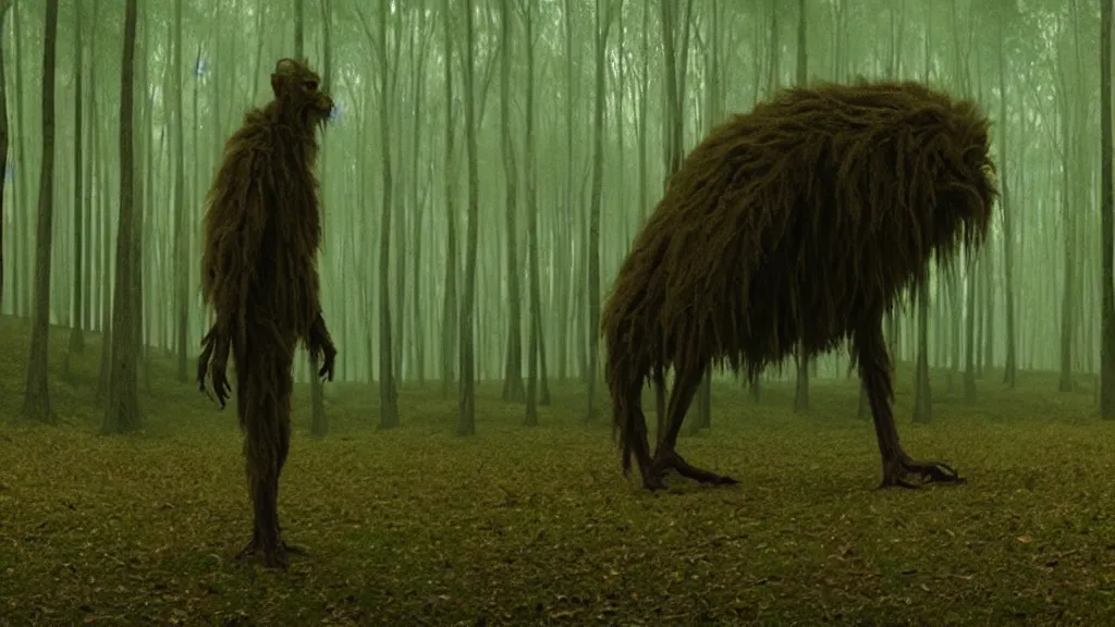 Image similar to the tall strange creature waits in the distant forest, film still from the movie directed by Denis Villeneuve with art direction by Salvador Dalí, wide lens