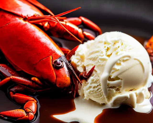 Image similar to dslr food photograph of vanilla ice cream with crawfish, some chocolate sauce, 8 5 mm f 1. 4