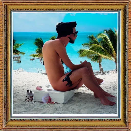 Prompt: music artist bad bunny relaxing in aruba, hyper realistic, highly detailed, award winning photo