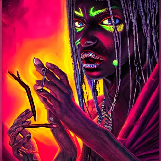 Image similar to a death tarot featuring a haitian voodoo priestess with menacing eyes and long sharp fingernails, blacklight neon colors, by anton semenov and android jones in cyberpunk voodoo style, oil on canvas, 8k