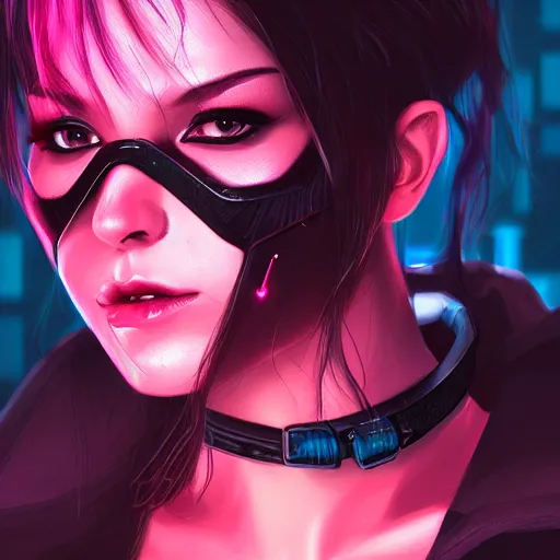 Image similar to headshot of cyberpunk woman wearing thick black choker around neck, detailed face, collar on neck, realistic, artstation, cyberpunk style, neon,